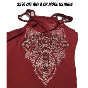 Women's Burgundy Lace Trim Tank Top Size XXL Elephant Graphic Print